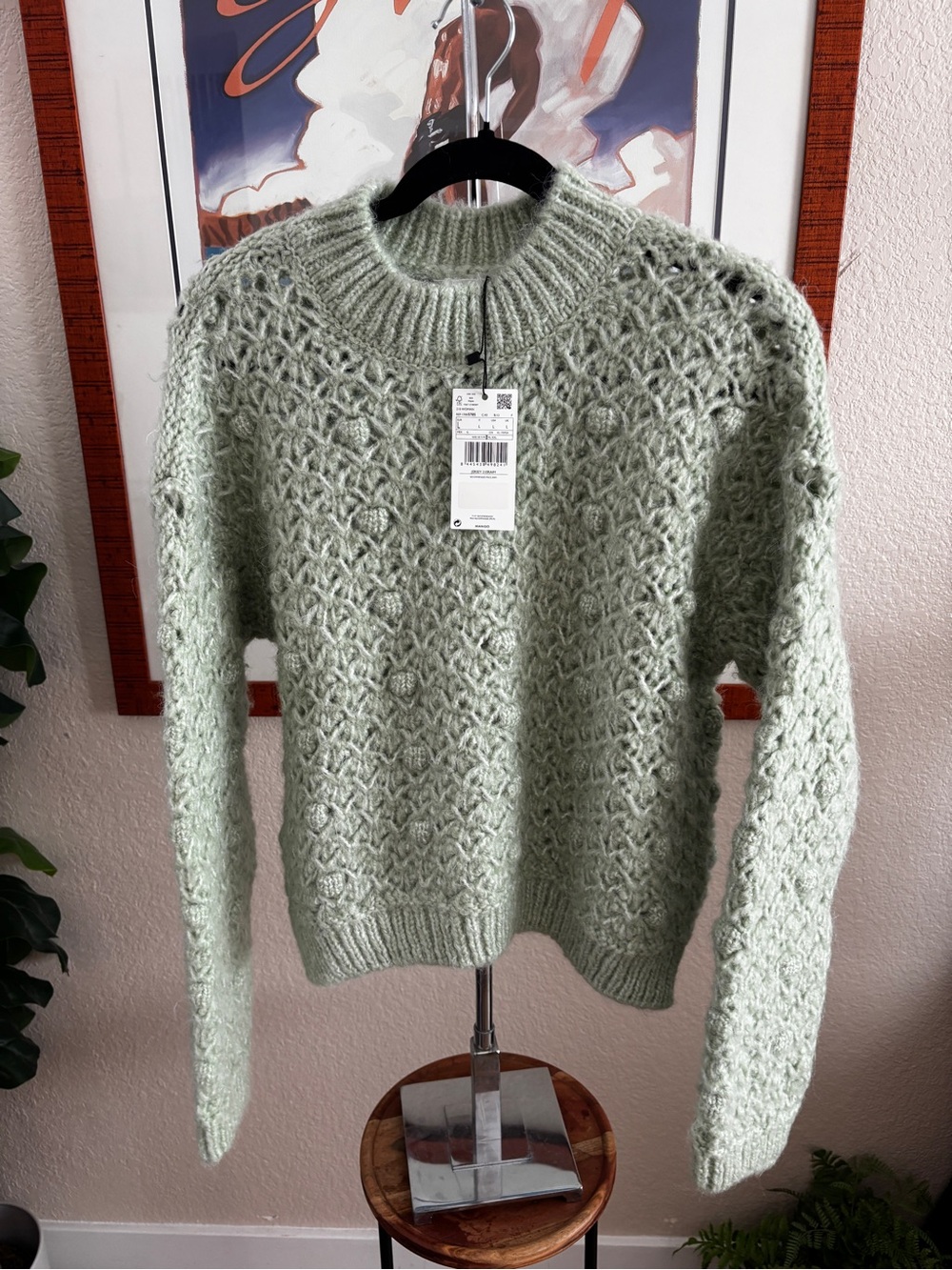 NWT Mango Mint Green Open-Knit Crewneck Popcorn Texture Sweater - Picture 3 of 9